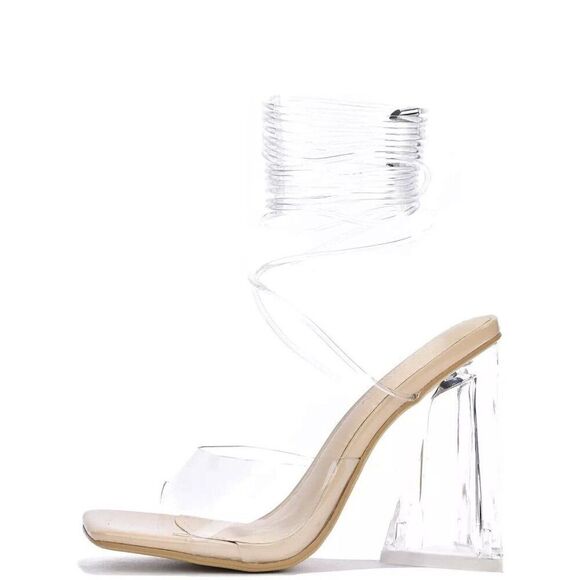 Ladies 7 Clear Chunky Block Platform Heels Transparent Lace Up Leg Open Toe NIB - Picture 4 of 6